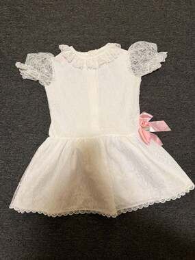 Vintage Michelle Lynn White Floral Lace Girls Dress with Pink Ribbon Size 6